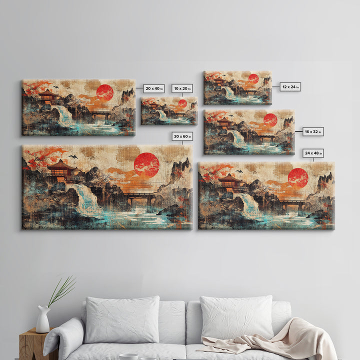 Red Sun Temple Waterfall Over Mountain Lake Wall Art, Japanese Landscape Canvas Print, Asian Zen Decor, Large Living Room Art