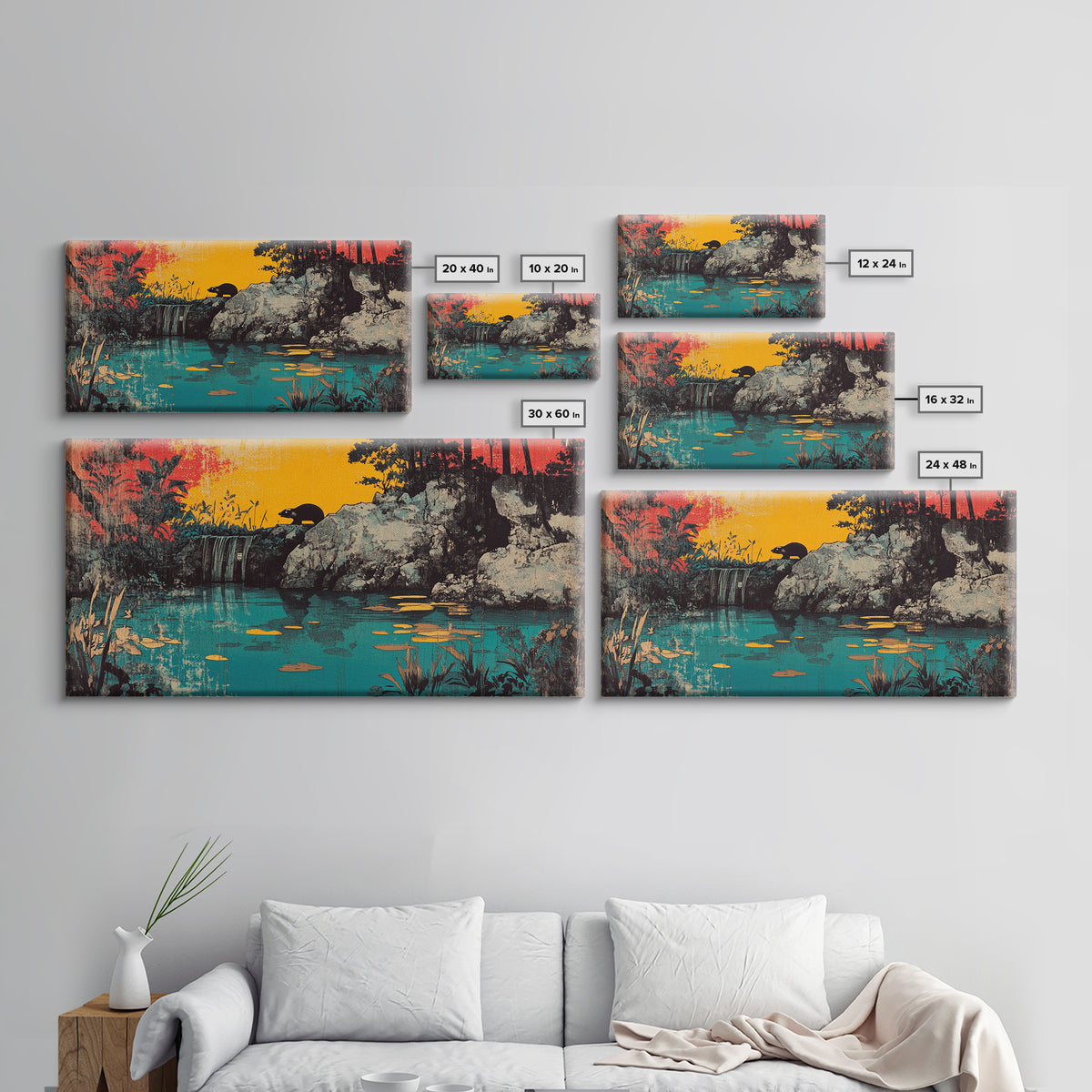 Turquoise Jungle Waterfall At Sunset Wall Art, Tropical Landscape Canvas Print, Nature Decor, Large Horizontal Living Room Art