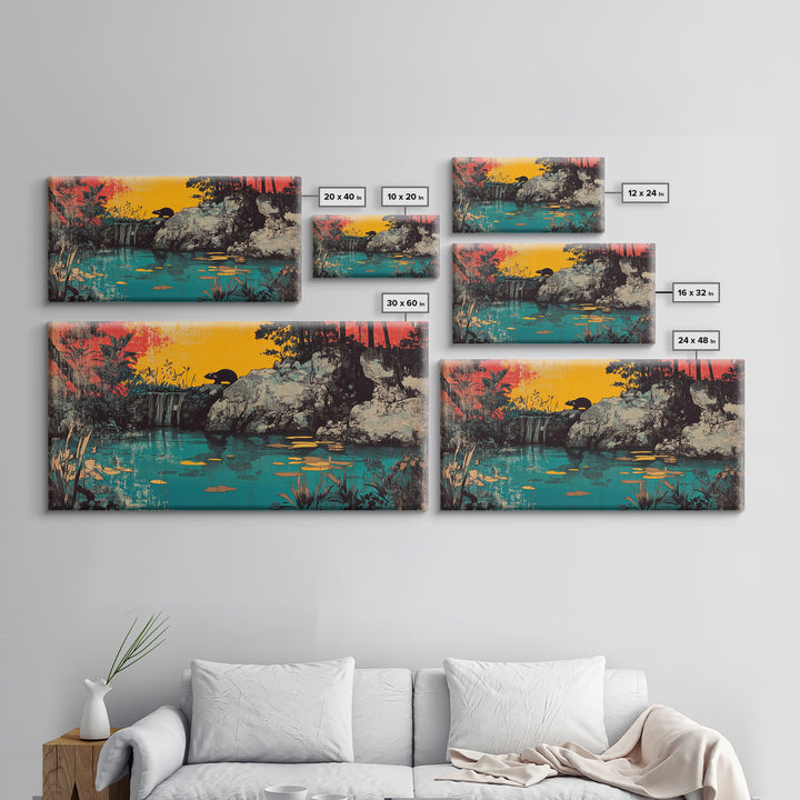 Turquoise Jungle Waterfall At Sunset Wall Art, Tropical Landscape Canvas Print, Nature Decor, Large Horizontal Living Room Art