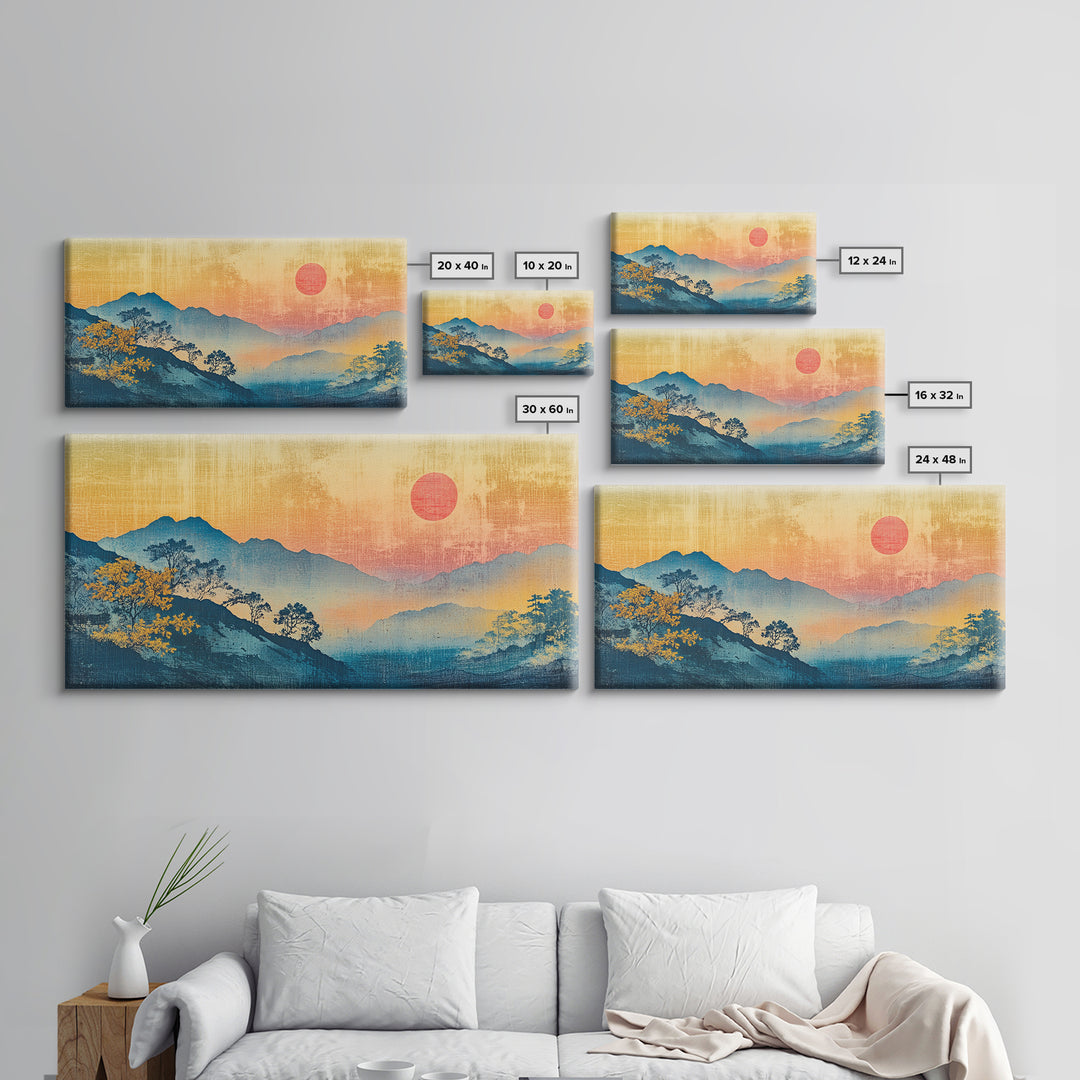 Misty Blue Mountains With Pink Sun Wall Art, Japanese Landscape Canvas Print, Minimalist Nature Decor, Large Bedroom Art