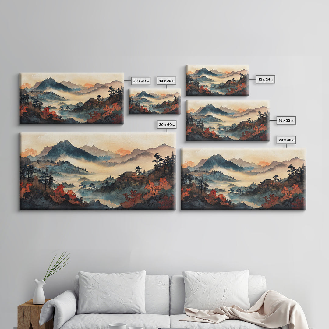 Misty Autumn Mountain Village Wall Art, Japanese Landscape Canvas Print, Moody Nature Home Decor, Large Living Room Wall Art