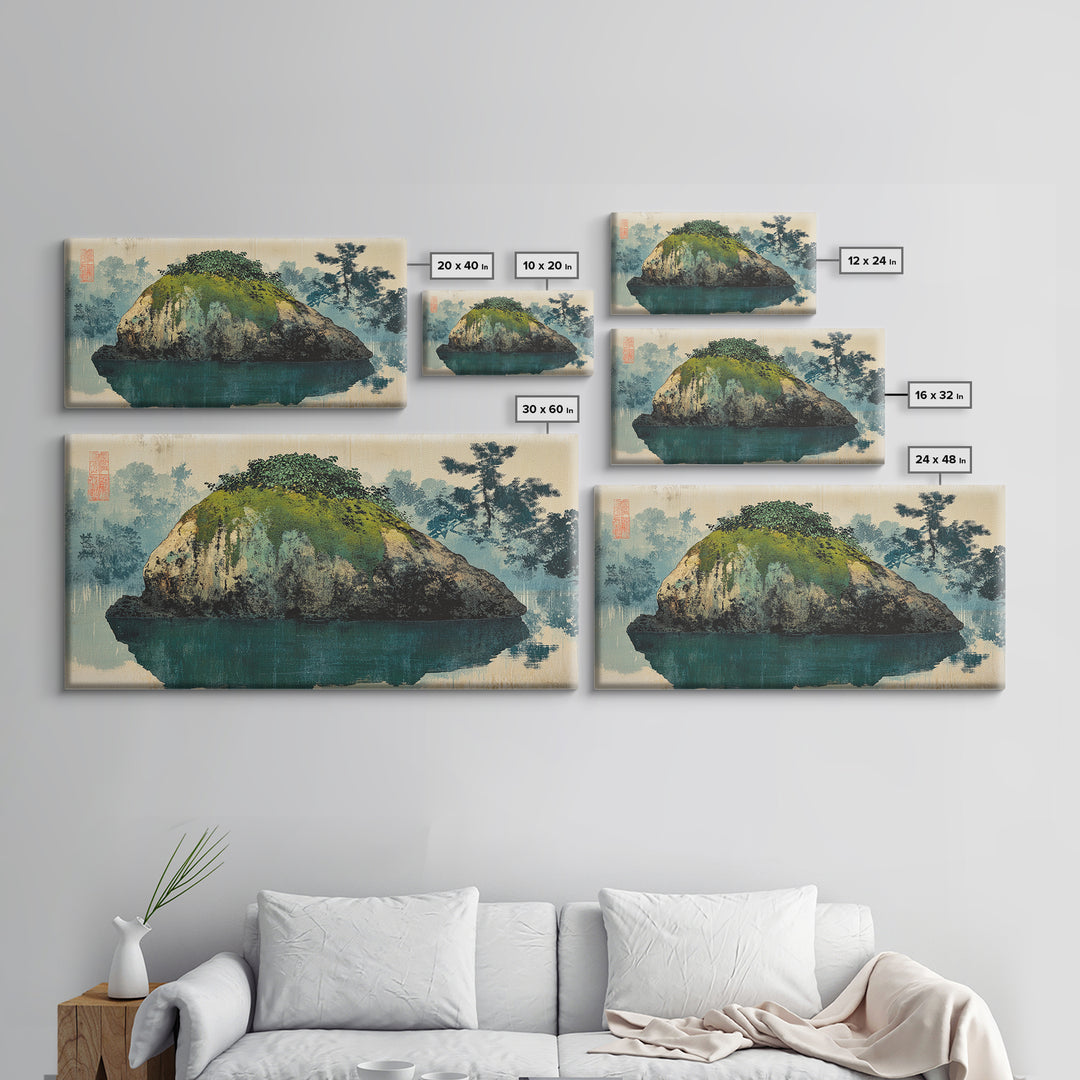 Moss Covered Island Reflected In Calm Water Wall Art, Japanese Zen Landscape Canvas Print, Minimalist Nature Decor, Office Art