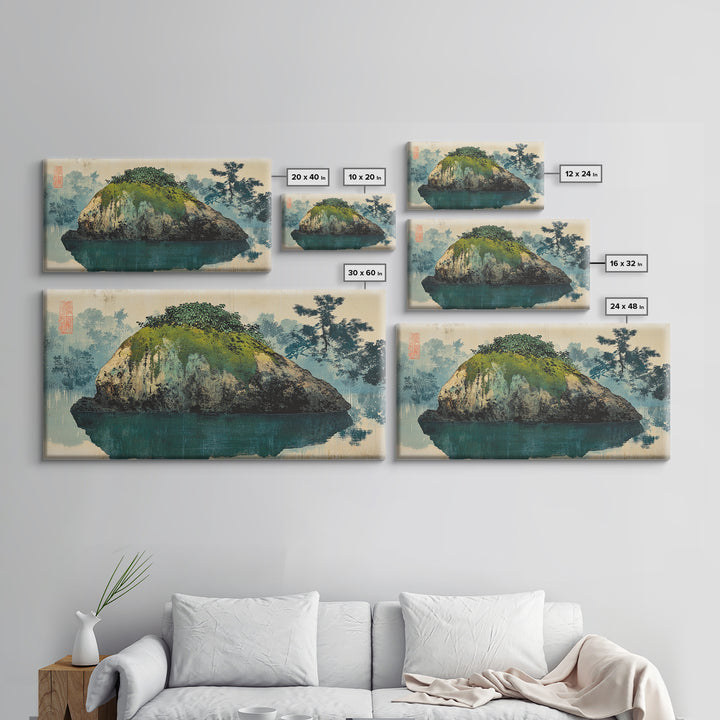 Moss Covered Island Reflected In Calm Water Wall Art, Japanese Zen Landscape Canvas Print, Minimalist Nature Decor, Office Art