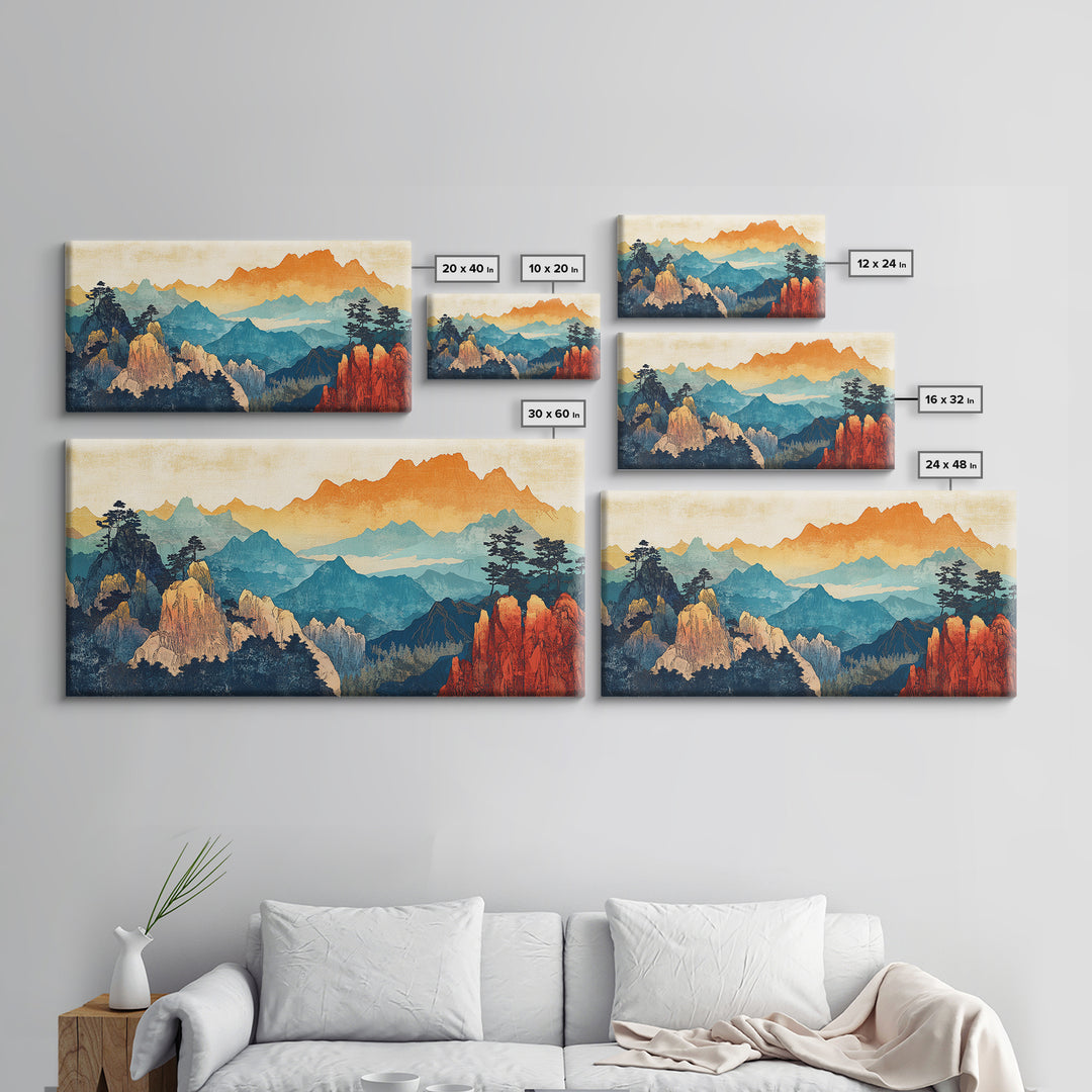 Layered Mountain Peaks Landscape Wall Art, Southwestern Nature Canvas Print, Boho Cabin Decor, Large Living Room Gift For Him