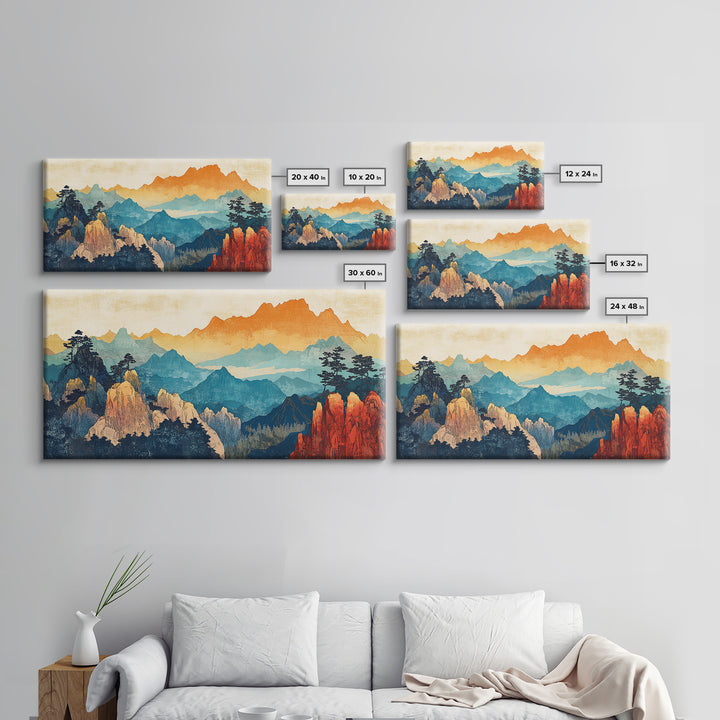 Layered Mountain Peaks Landscape Wall Art, Southwestern Nature Canvas Print, Boho Cabin Decor, Large Living Room Gift For Him