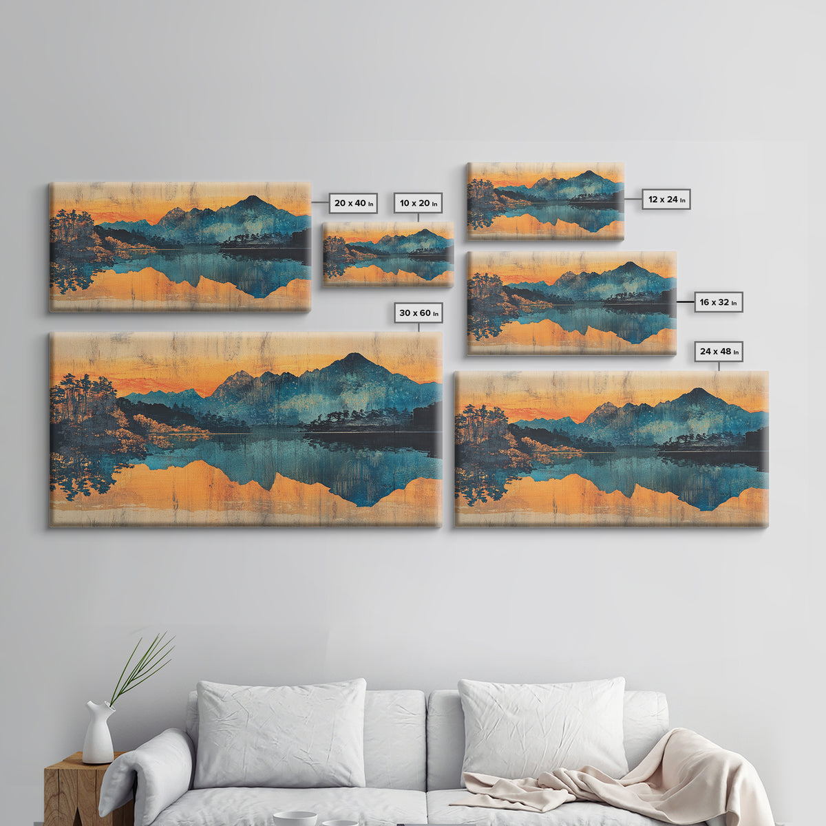 Moody Mountain Lake Reflection Wall Art, Blue Orange Landscape Canvas Print, Rustic Cabin Decor, Large Living Room Art Gift