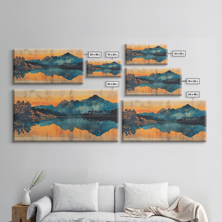 Moody Mountain Lake Reflection Wall Art, Blue Orange Landscape Canvas Print, Rustic Cabin Decor, Large Living Room Art Gift