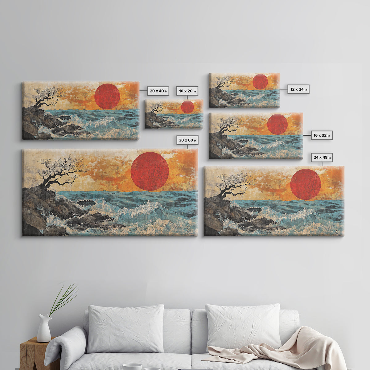 Rocky Ocean Red Sun Seascape Wall Art, Coastal Canvas Print, Japanese Style Wave Decor, Beach House Living Room Housewarming Gift