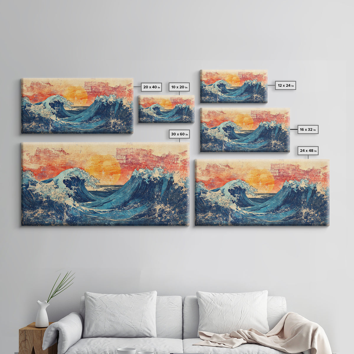 Sunset Ocean Waves, Japanese Seascape Canvas Print, Coastal Wall Art, Nautical Decor, Beach House Living Room Print, Housewarming Gift