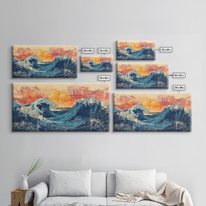 Sunset Ocean Waves, Japanese Seascape Canvas Print, Coastal Wall Art, Nautical Decor, Beach House Living Room Print, Housewarming Gift