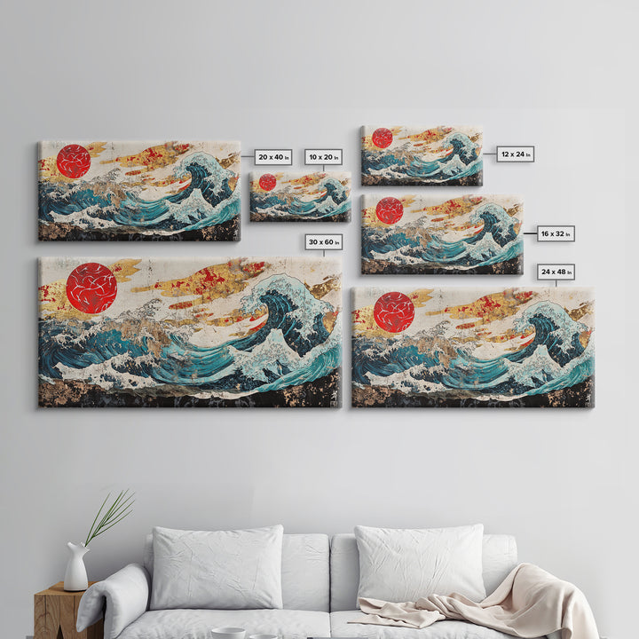 Red Sun Great Wave, Japanese Ocean Framed Canvas Print, Ukiyo E Wall Art, Coastal Decor, Large Living Room Statement Art