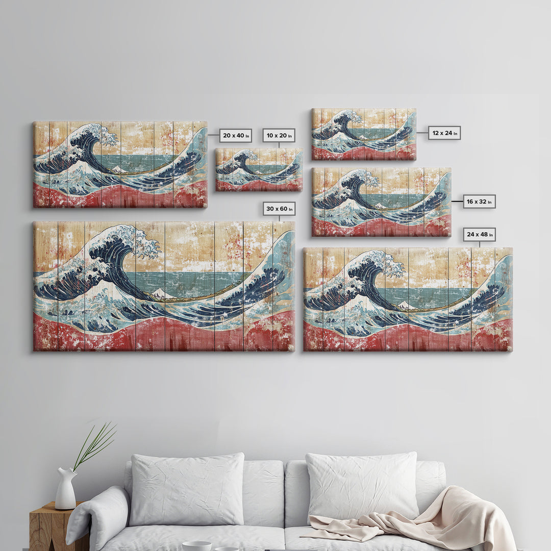 Great Wave Wood Panel, Mount Fuji Framed Canvas Print, Japanese Wall Art, Coastal Decor, Large Horizontal Living Room Art