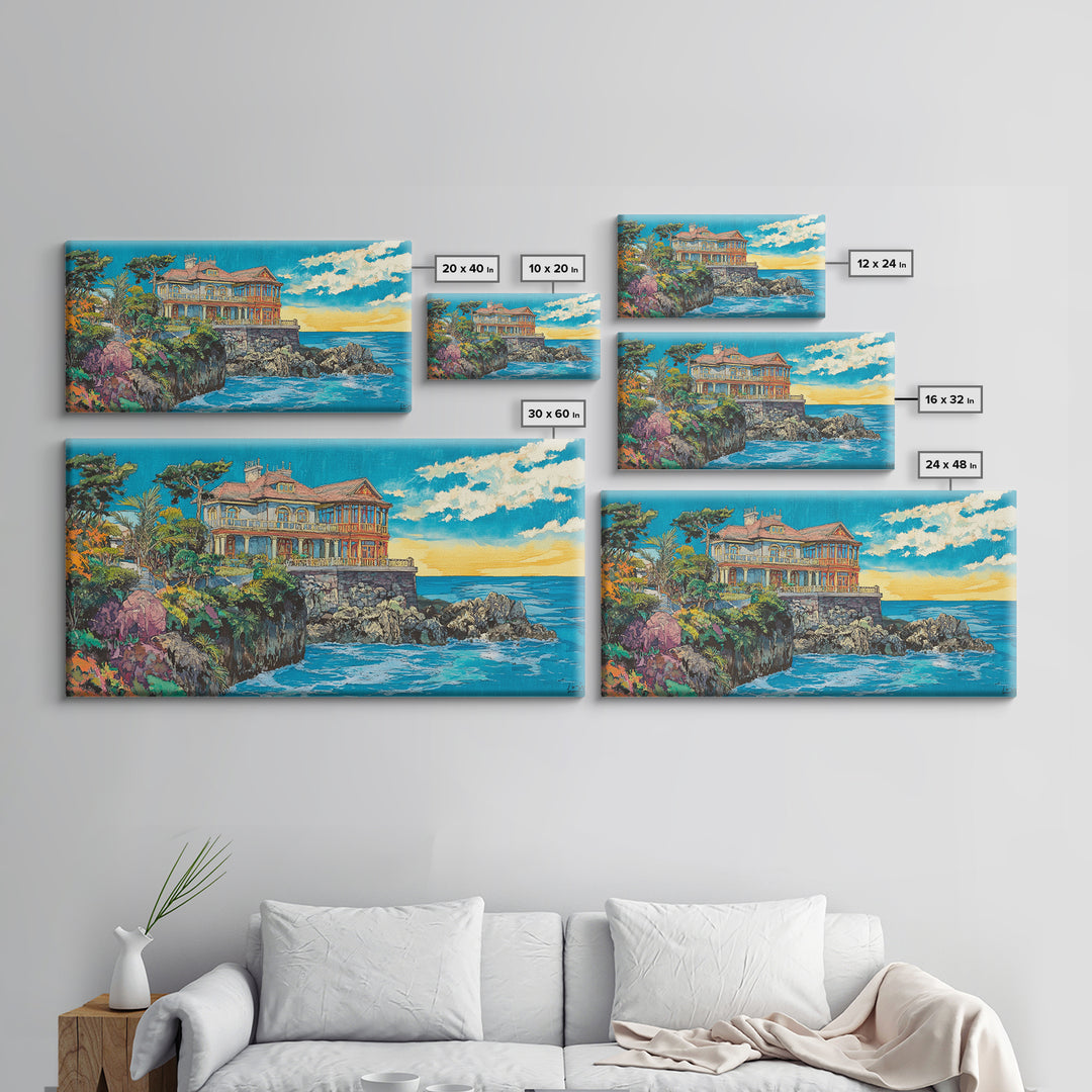 Clifftop Coastal Villa, Bright Seascape Wall Art, Italian Riviera Canvas Print, Ocean Decor, Travel Poster, Gift For Her, Housewarming Gift