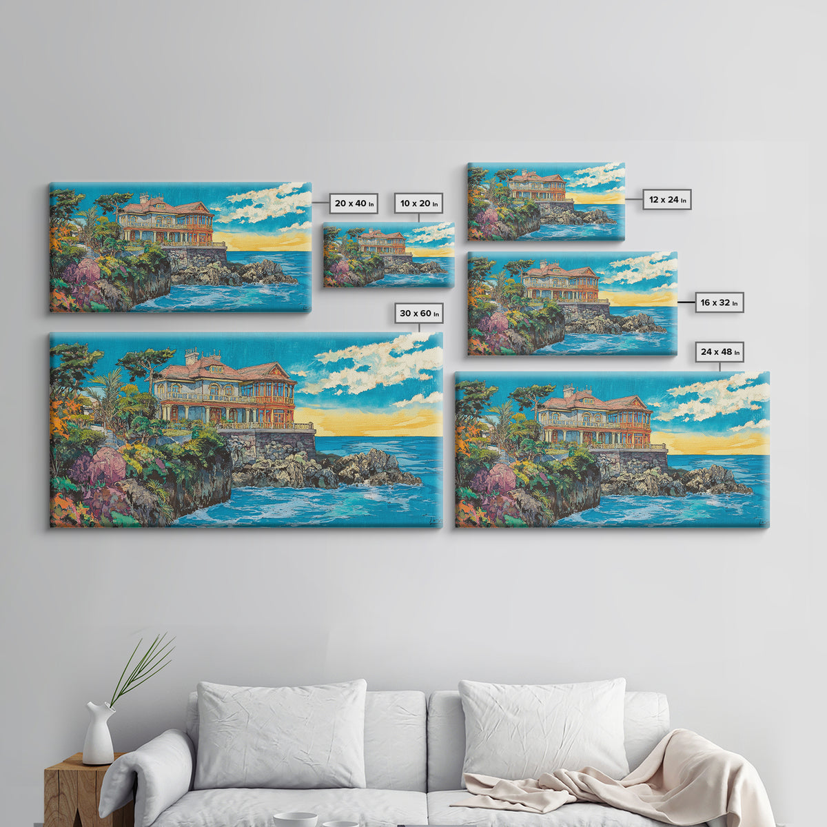 Clifftop Coastal Villa, Bright Seascape Wall Art, Italian Riviera Canvas Print, Ocean Decor, Travel Poster, Gift For Her, Housewarming Gift