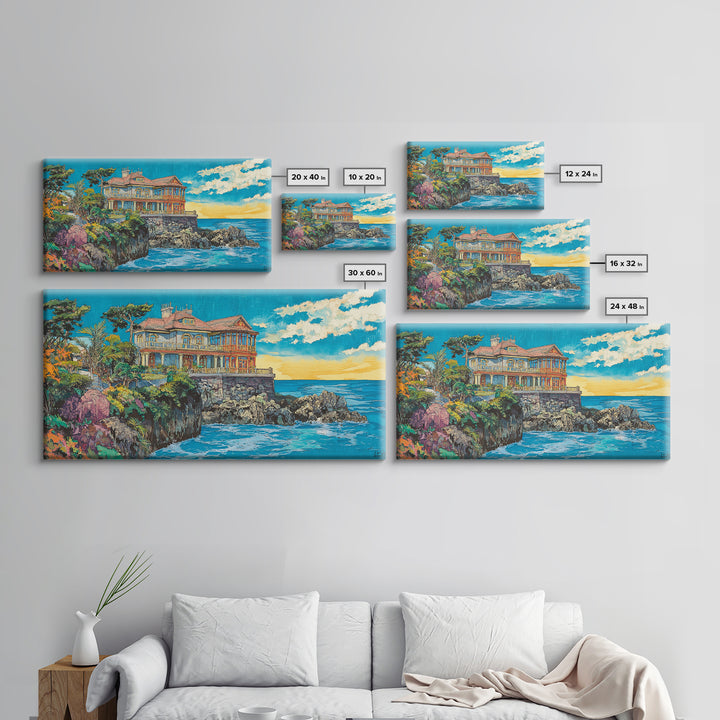 Clifftop Coastal Villa, Bright Seascape Wall Art, Italian Riviera Canvas Print, Ocean Decor, Travel Poster, Gift For Her, Housewarming Gift