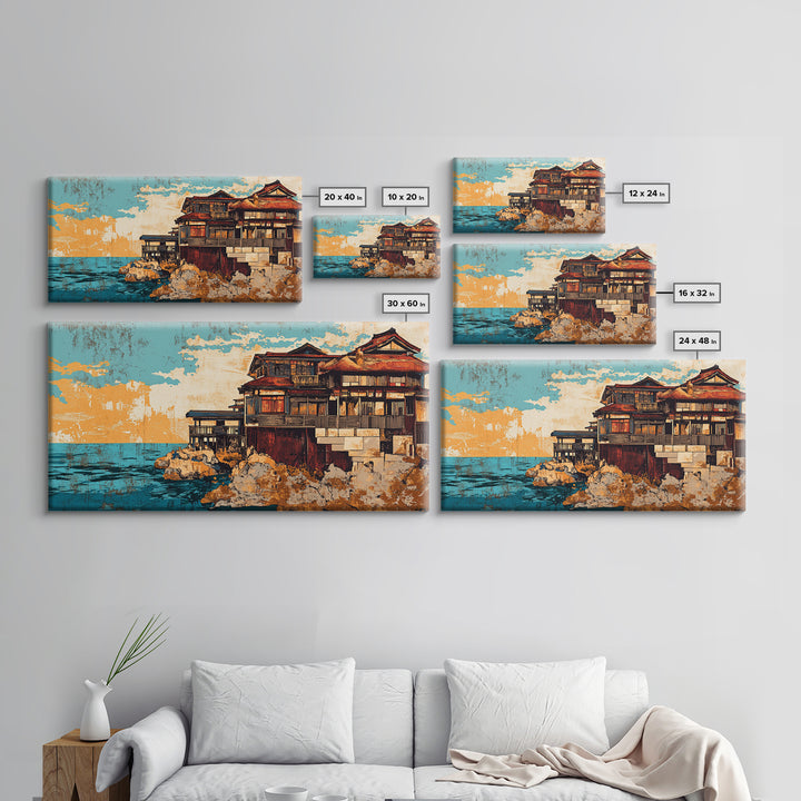 Japanese Seaside Ryokan, Sunset Architecture Wall Art, Coastal Canvas Print, Asian Decor, Ocean View Living Room Decor, Housewarming Gift