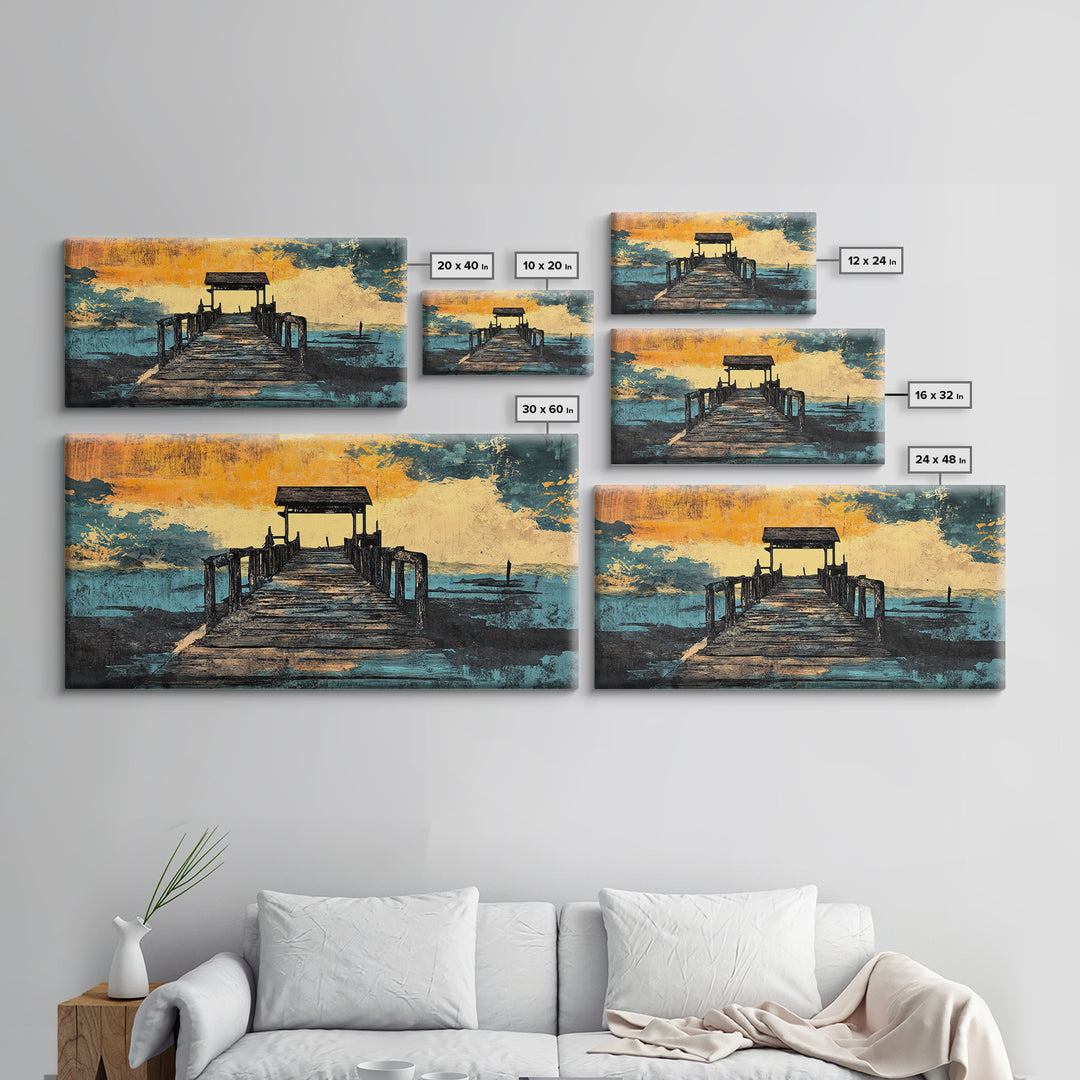 Weathered Pier At Sunset Canvas Print, Coastal Wall Decor, Nautical Beach House Art, Lake House Living Room Decor, Wide Wall Art