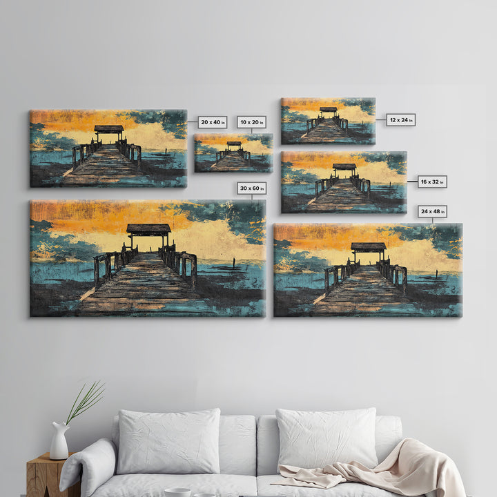 Weathered Pier At Sunset Canvas Print, Coastal Wall Decor, Nautical Beach House Art, Lake House Living Room Decor, Wide Wall Art
