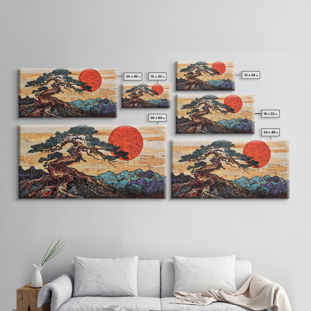 Twisted Bonsai Pine Red Sun Wall Art, Japanese Landscape Print, Japandi Decor, Zen Living Room Framed Canvas Print, Mountain Wall Decor