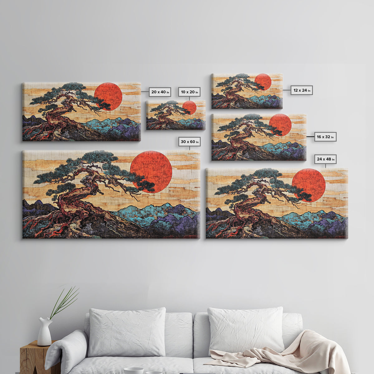 Twisted Bonsai Pine Red Sun Wall Art, Japanese Landscape Print, Japandi Decor, Zen Living Room Framed Canvas Print, Mountain Wall Decor