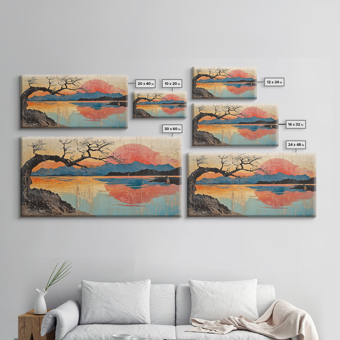 Bare Tree Lake Sunset Wall Art, Japanese Inspired Landscape Print, Serene Coastal Decor, Large Horizontal Canvas Print Art