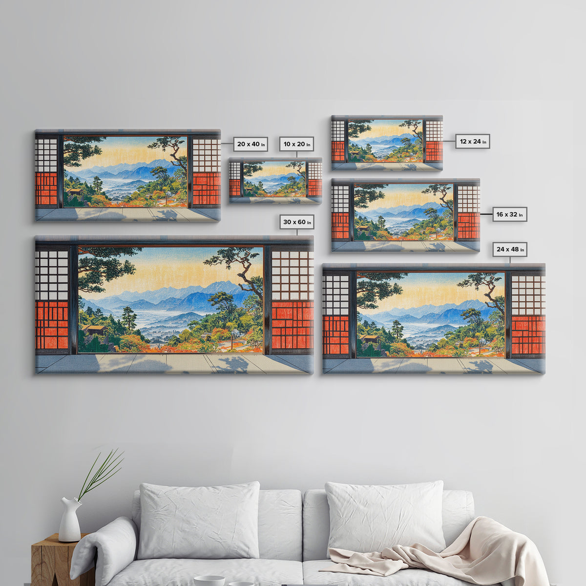 Japanese Shoji Window Mountain View Wall Art, Japandi Landscape Print, Zen Home Decor, Large Framed Canvas Print, Living Room Decor