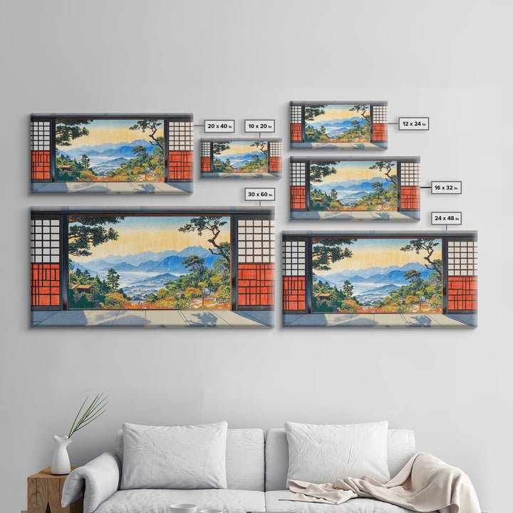 Japanese Shoji Window Mountain View Wall Art, Japandi Landscape Print, Zen Home Decor, Large Framed Canvas Print, Living Room Decor