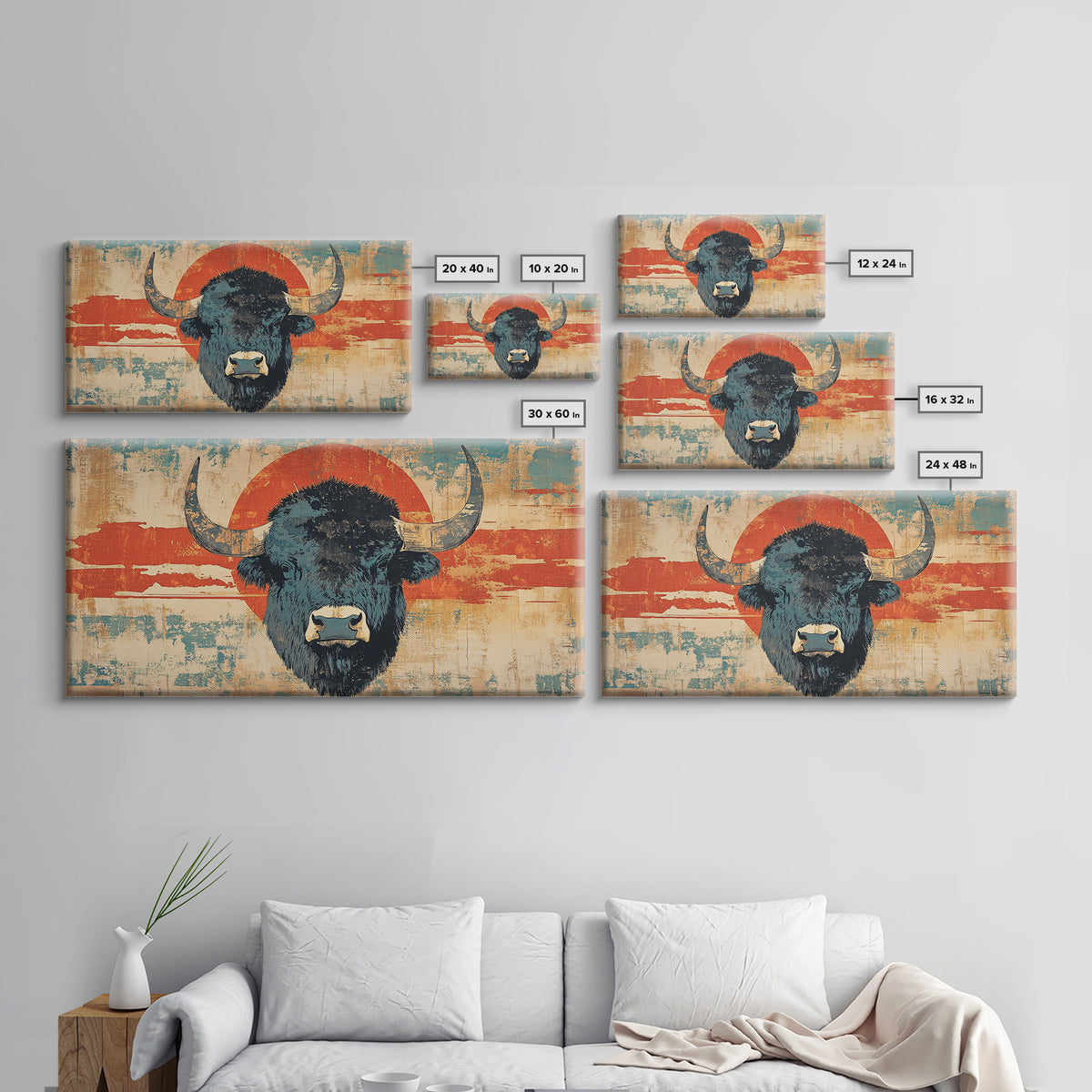 Bold Bison Portrait Red Sun Wall Art, Western Buffalo Print, Rustic Ranch Decor, Large Framed Canvas Print, Living Room Decor