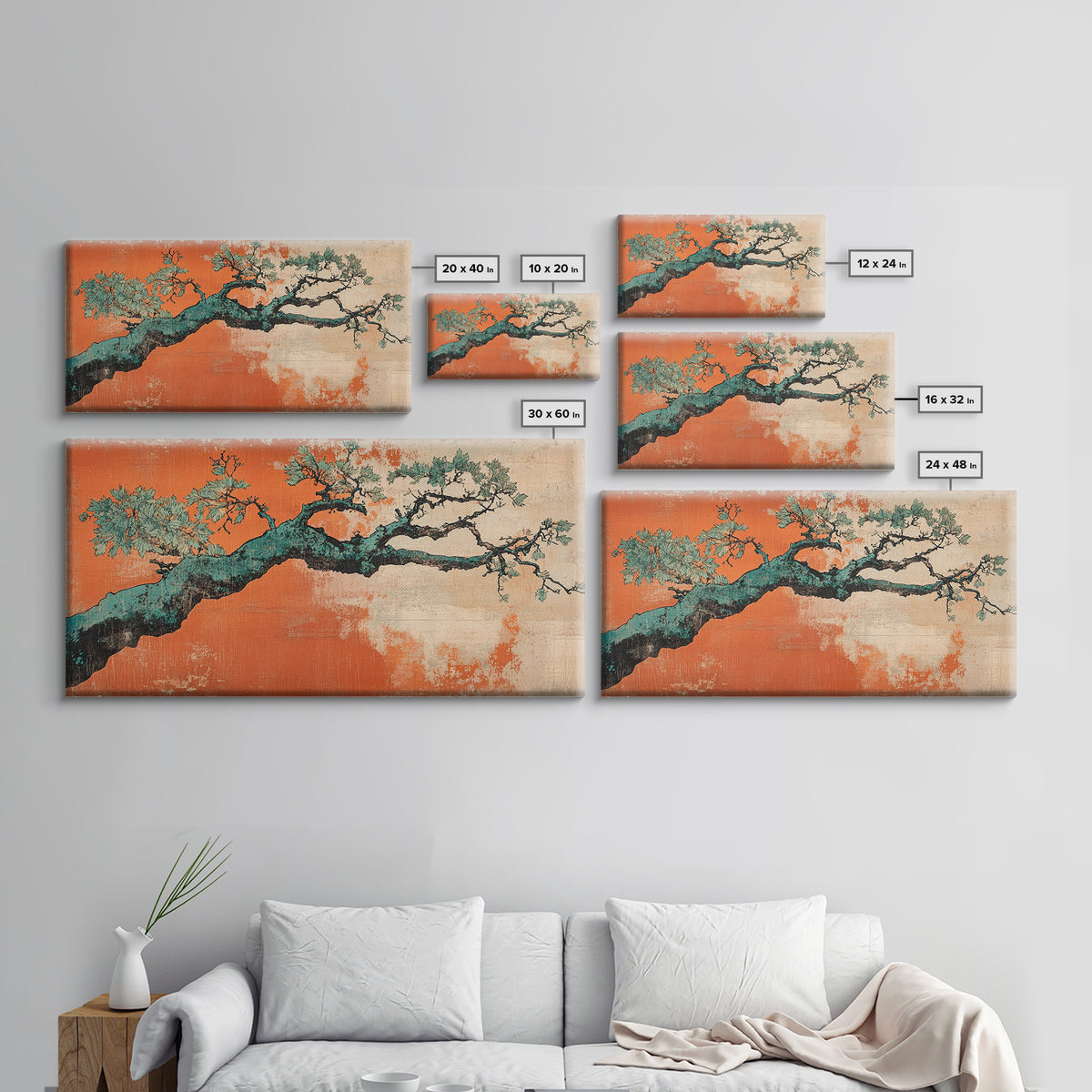 Twisted Pine Branch Wall Art, Japanese Botanical Canvas Print, Orange Teal Nature Decor, Japandi Living Room Wall Decor Gift