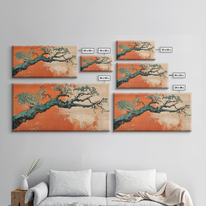 Twisted Pine Branch Wall Art, Japanese Botanical Canvas Print, Orange Teal Nature Decor, Japandi Living Room Wall Decor Gift