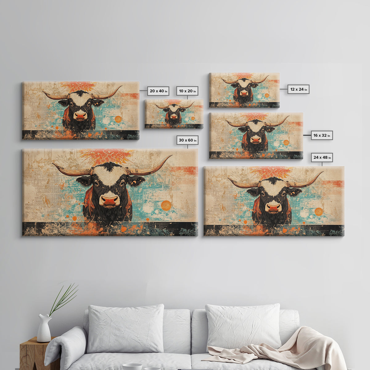 Bold Longhorn Cow Wall Art, Western Animal Canvas Print, Rustic Farmhouse Decor, Southwest Living Room Wall Decor Gift Idea