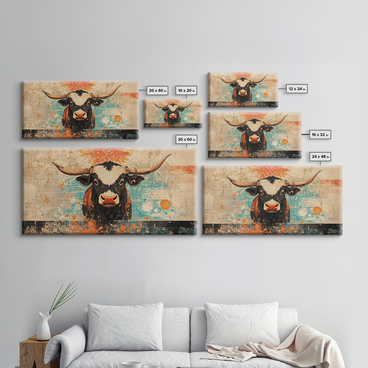 Bold Longhorn Cow Wall Art, Western Animal Canvas Print, Rustic Farmhouse Decor, Southwest Living Room Wall Decor Gift Idea