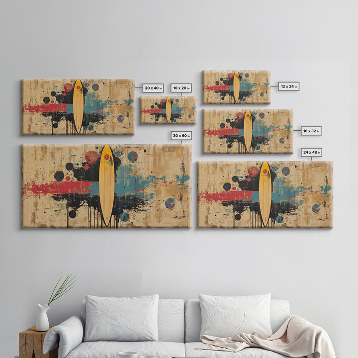 Yellow Surfboard Abstract Wall Art, Retro Beach Canvas Print, Mid Century Modern Decor, Surfer Living Room Wall Decor Gift