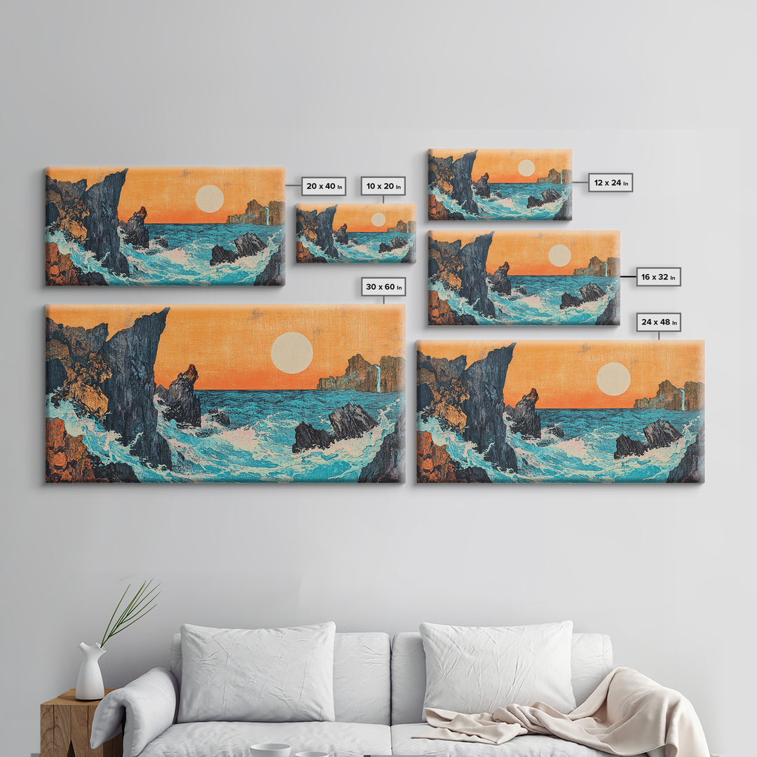 Rocky Ocean Sunset Seascape Wall Art, Japanese Coastal Canvas Wall Art, Beach House Decor, Large Horizontal Print, Ocean Wall Decor