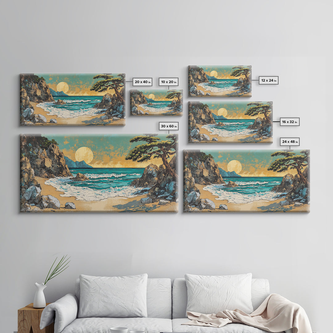 Rocky Cove Sunset Beach Wall Art, Japanese Coastal Landscape Art, Ocean Waves Canvas Print, Beach House Decor, Large Wall Art