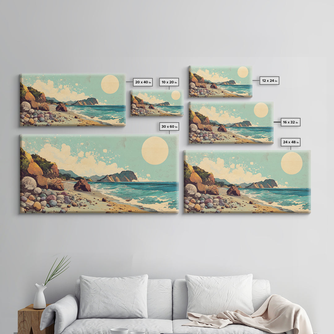 Sunny Rocky Beach Panorama Wall Art, Tropical Coastal Landscape, Ocean Waves Canvas Print, Beach House Decor, Large Horizontal Art