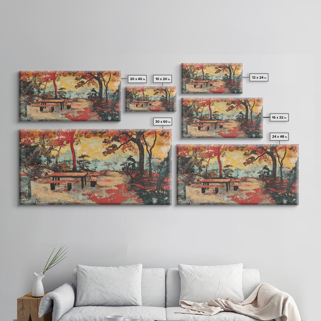 Autumn Park Bench Landscape Wall Art, Japanese Garden Scene, Fall Colors Canvas Print, Cozy Home Decor, Living Room Wall Art