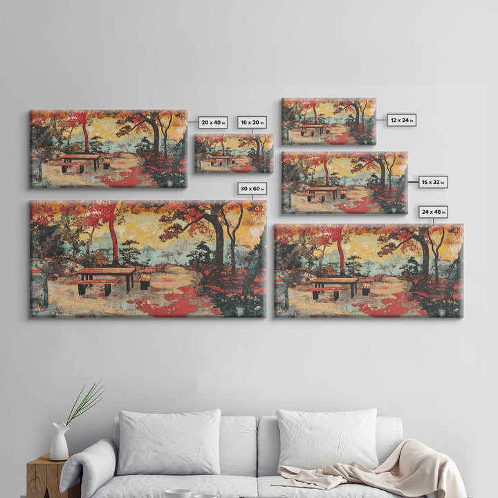 Autumn Park Bench Landscape Wall Art, Japanese Garden Scene, Fall Colors Canvas Print, Cozy Home Decor, Living Room Wall Art