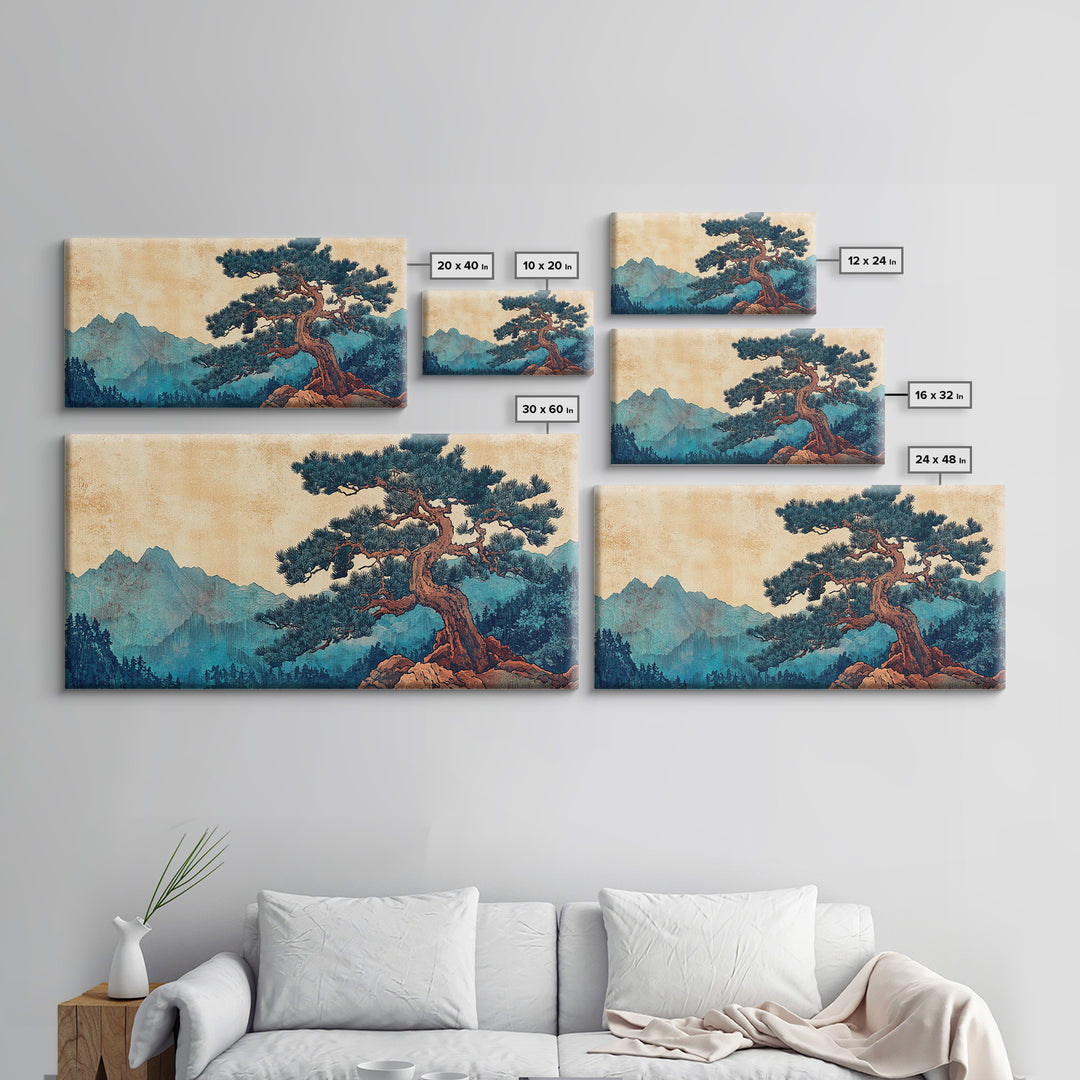 Ancient Pine Mountain Landscape Wall Art, Japanese Nature Canvas Print, Blue Forest Decor, Japandi Wall Art, Large Horizontal Print