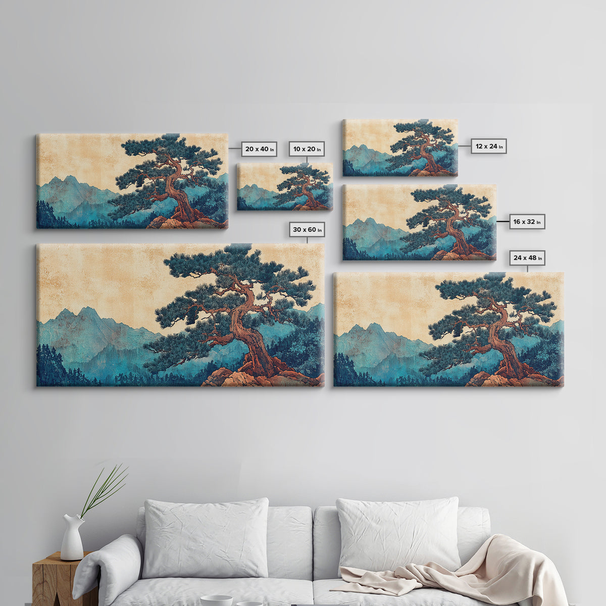 Ancient Pine Mountain Landscape Wall Art, Japanese Nature Canvas Print, Blue Forest Decor, Japandi Wall Art, Large Horizontal Print