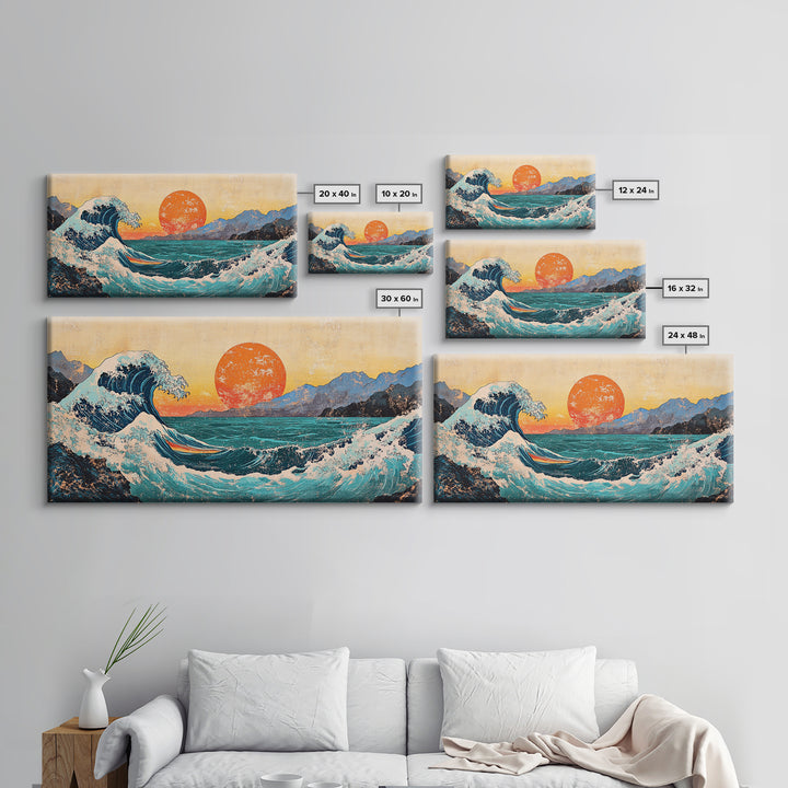 Great Wave With Orange Sun Canvas Print, Japanese Ocean Wall Art, Coastal Landscape Decor For Living Room Above Sofa Housewarming Gift