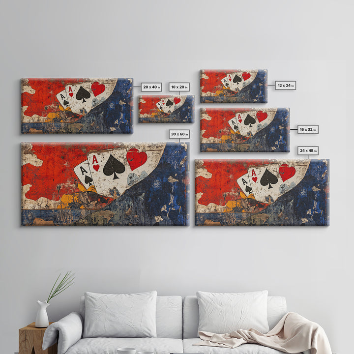 Grunge Ace Playing Cards Wall Art, Retro Poker Canvas Print, Game Room Decor For Man Cave, Casino Gift For Him Housewarming