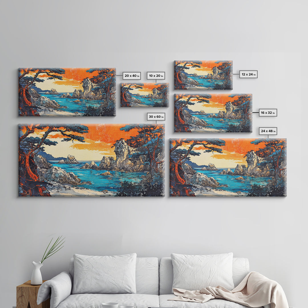 Orange Sunset Rocky Cove Seascape Canvas Print, Coastal Wall Art, Ocean Landscape Art For Living Room Decor, Beach House Decor