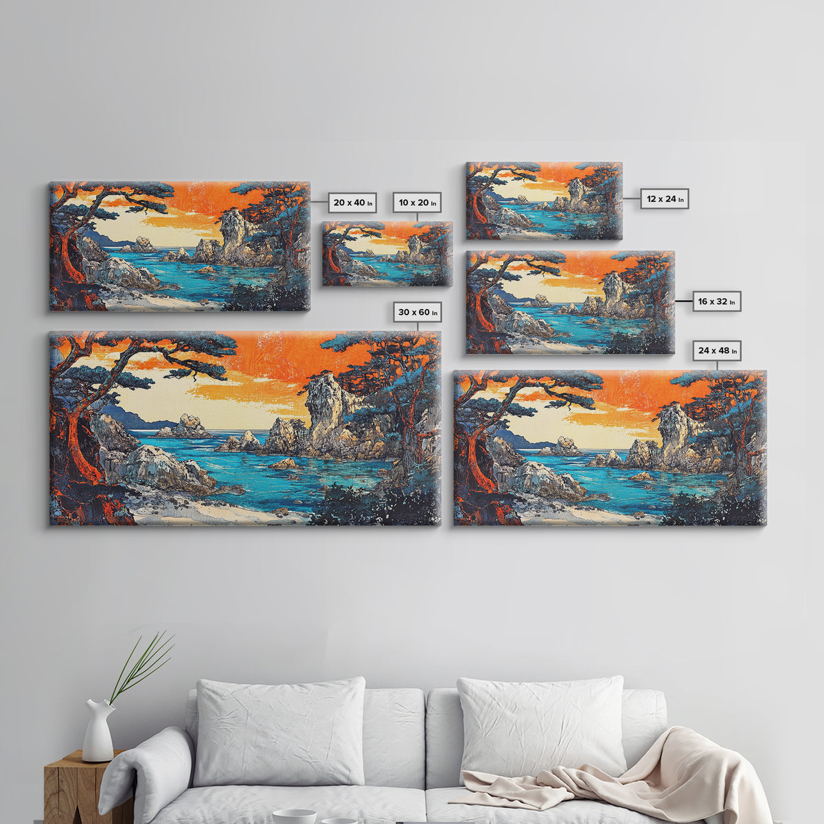 Orange Sunset Rocky Cove Seascape Canvas Print, Coastal Wall Art, Ocean Landscape Art For Living Room Decor, Beach House Decor