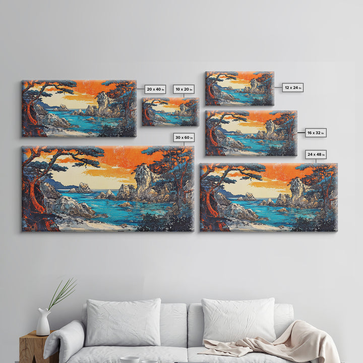 Orange Sunset Rocky Cove Seascape Canvas Print, Coastal Wall Art, Ocean Landscape Art For Living Room Decor, Beach House Decor