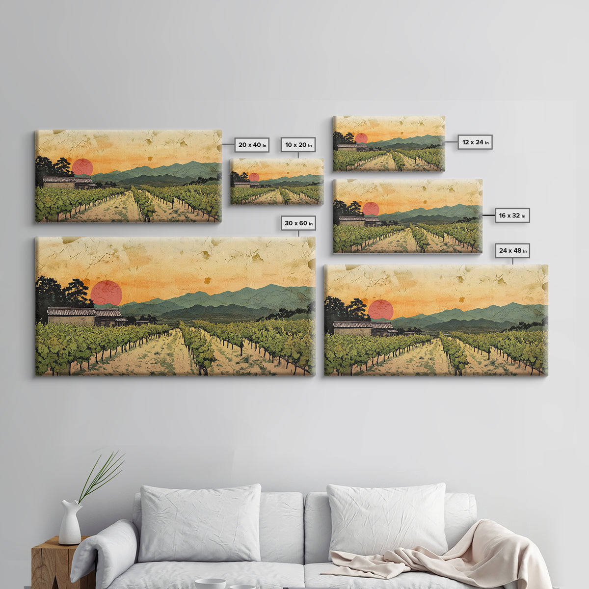 Sunset Vineyard Rows And Mountains Canvas Print, Winery Wall Art, Wine Country Decor, Rustic Landscape Art For Dining Room