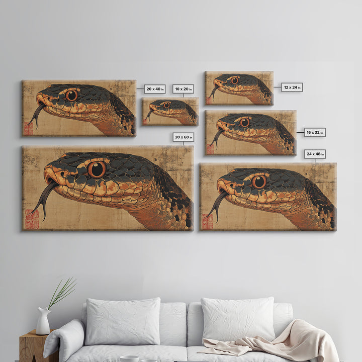 Black And Copper Snake Portrait Framed Canvas Print, Reptile Wall Art, Dark Animal Art, Gothic Nature Home Decor, Gift For Him