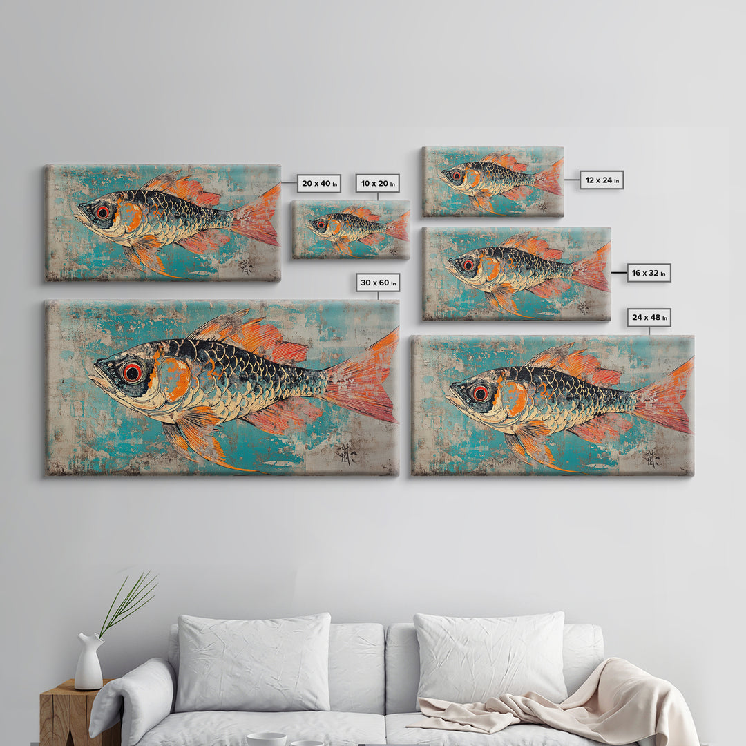 Orange And Teal Koi Fish Canvas Print, Japanese Wall Art, Coastal Animal Art, Vibrant Ocean Decor, Marine Life Print, Gift