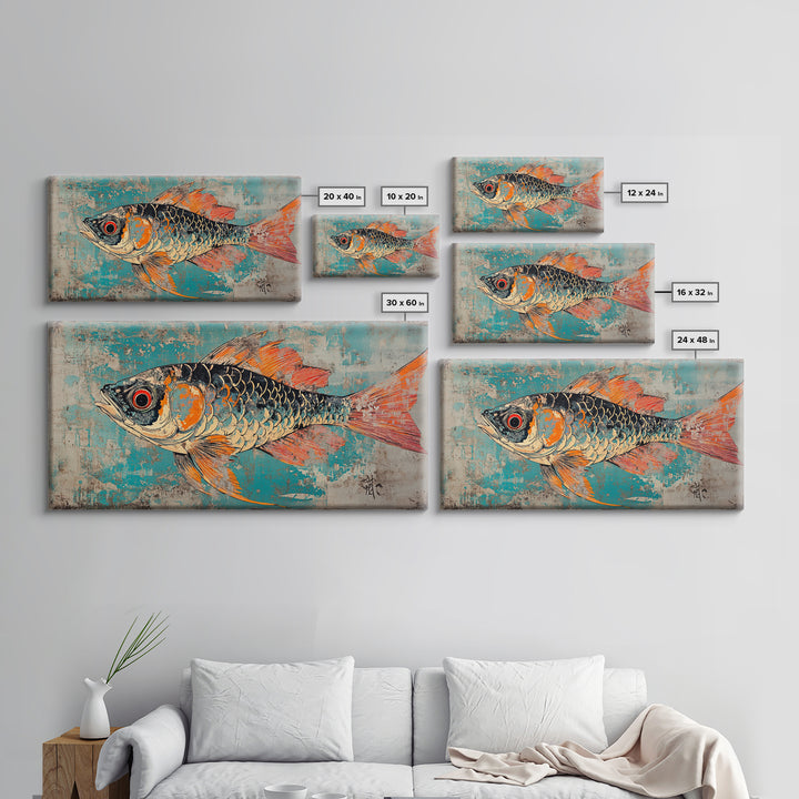 Orange And Teal Koi Fish Canvas Print, Japanese Wall Art, Coastal Animal Art, Vibrant Ocean Decor, Marine Life Print, Gift