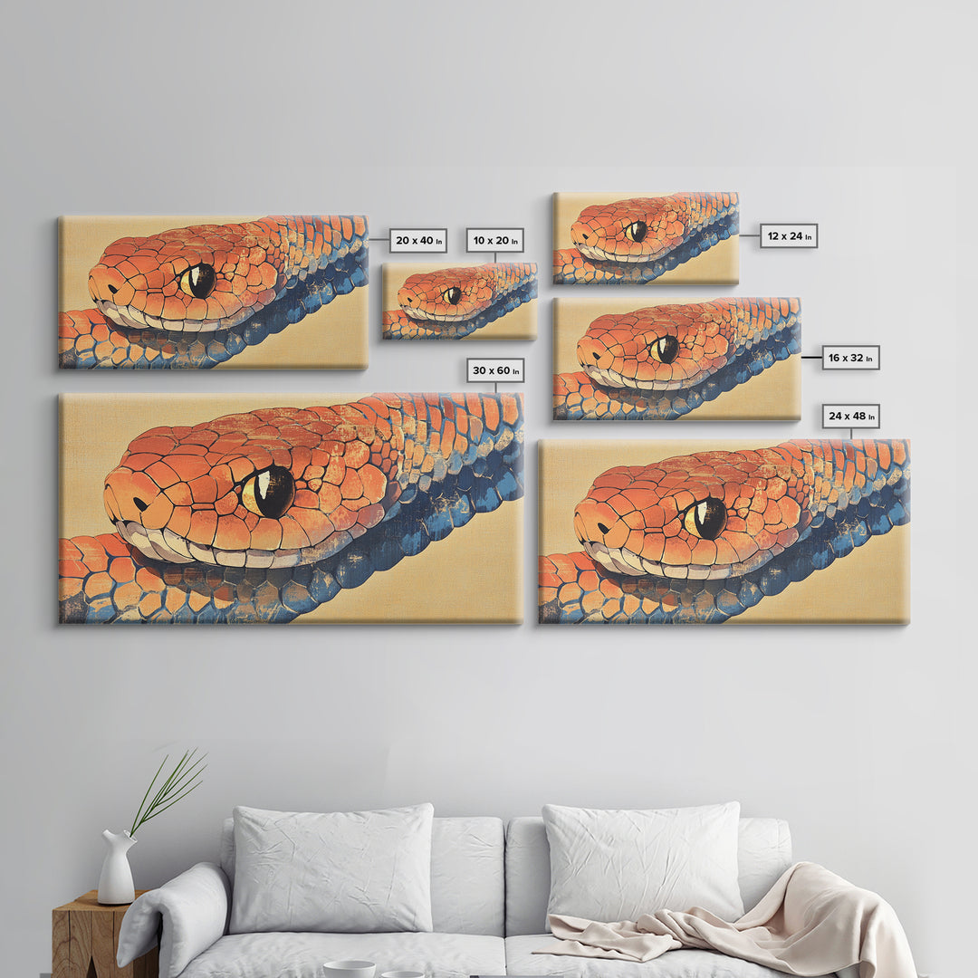Orange And Blue Snake Closeup Framed Canvas Print, Reptile Wall Art, Wildlife Art, Bold Nature Decor, Masculine Home Decor